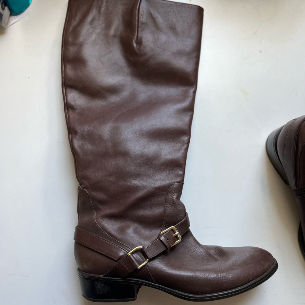 Ralph Lauren Wide Calf Brown Leather Knee-High Boots, w9.5